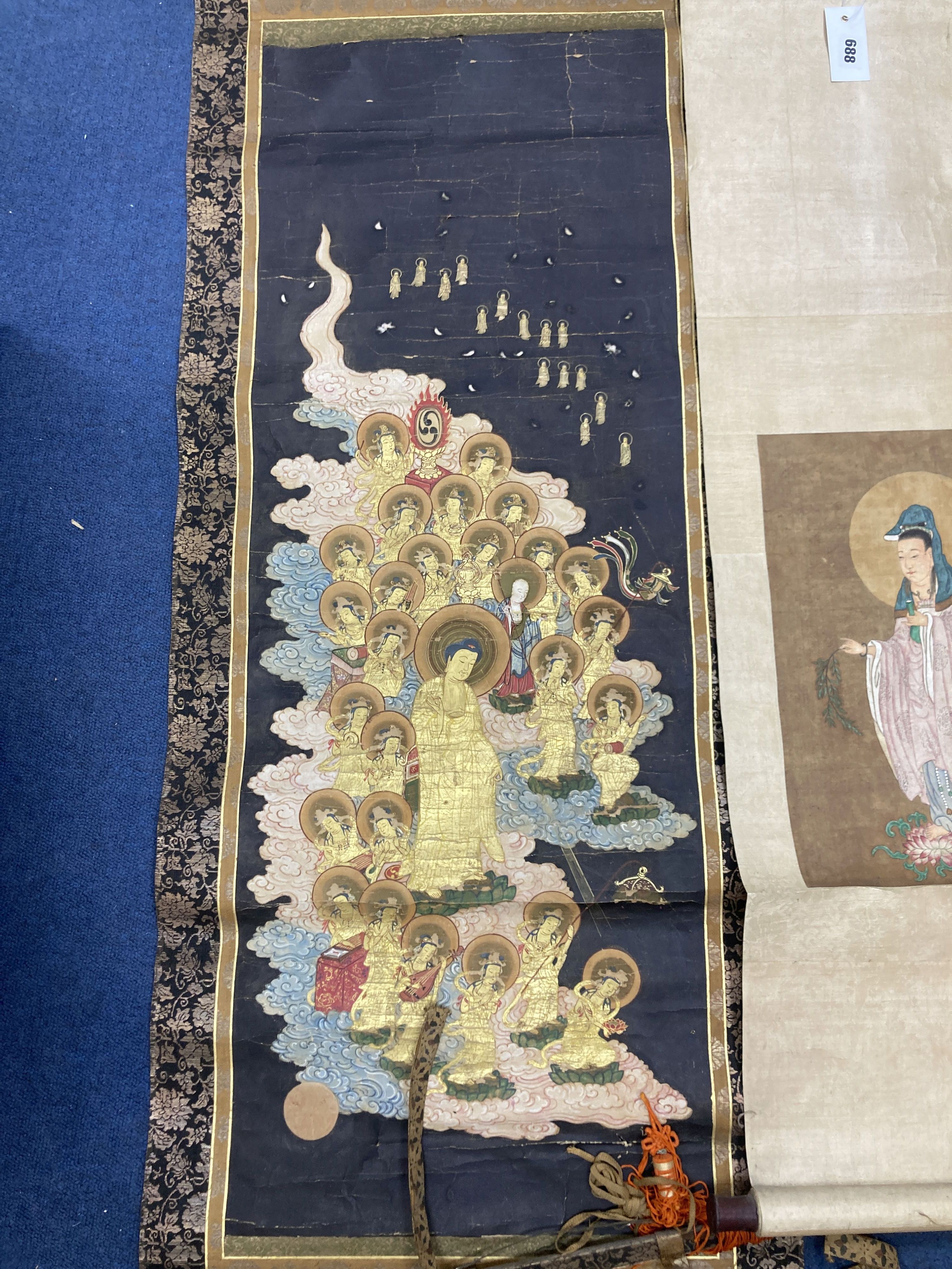 A Chinese scroll painting on silk of Guanyin, early 20th century, image 37 x 24.5cm and a Japanese Meiji period scroll painting of Budd